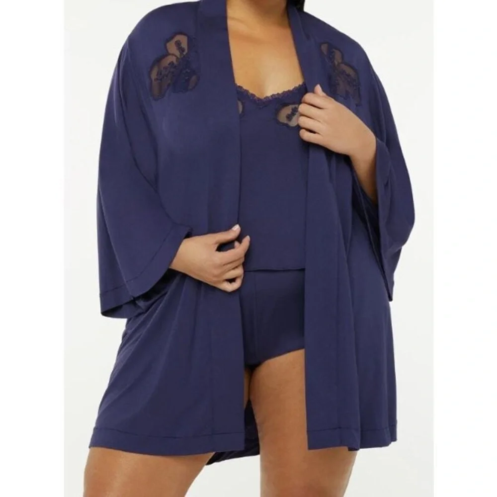 Savage X Fenty Robe A Peek Behind The Lace Short Wide Sleeve Navy Blue Size M/L